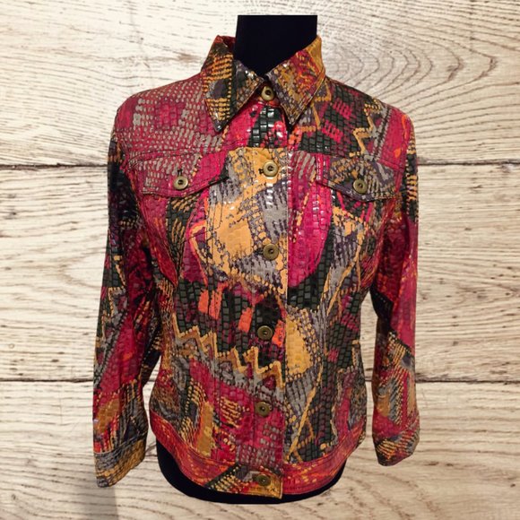 Ruby Red Splashy Button-front Jacket Sz 6 - Picture 2 of 7